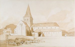 ノートルダムシュルロー、ドンフロント、ノルマンディー、1820年頃（茶色のウォッシュと紙に黒鉛） 作： John Sell Cotman